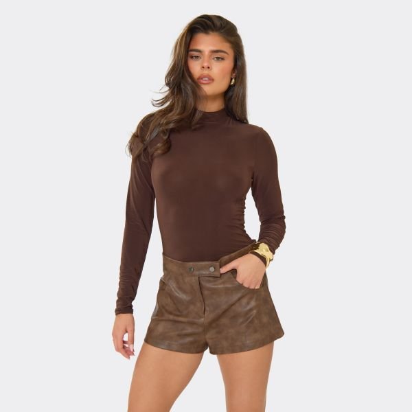 EGO Mid Rise Belt Loop Detail Shorts In Chocolate Brown Faux Leather, Women's Size UK 4 - 1