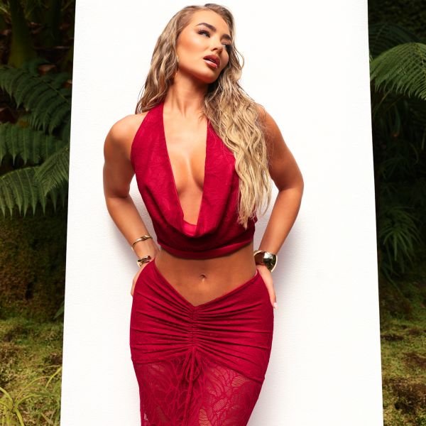 EGO Cowl Halterneck Open Back Crop Top In Burgundy Lace, Women's Size UK 12 - 1