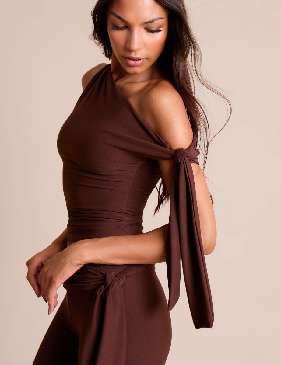 Public Desire Knot Detail Asymmetric One Shoulder Luxe Slinky Top Chocolate - 2