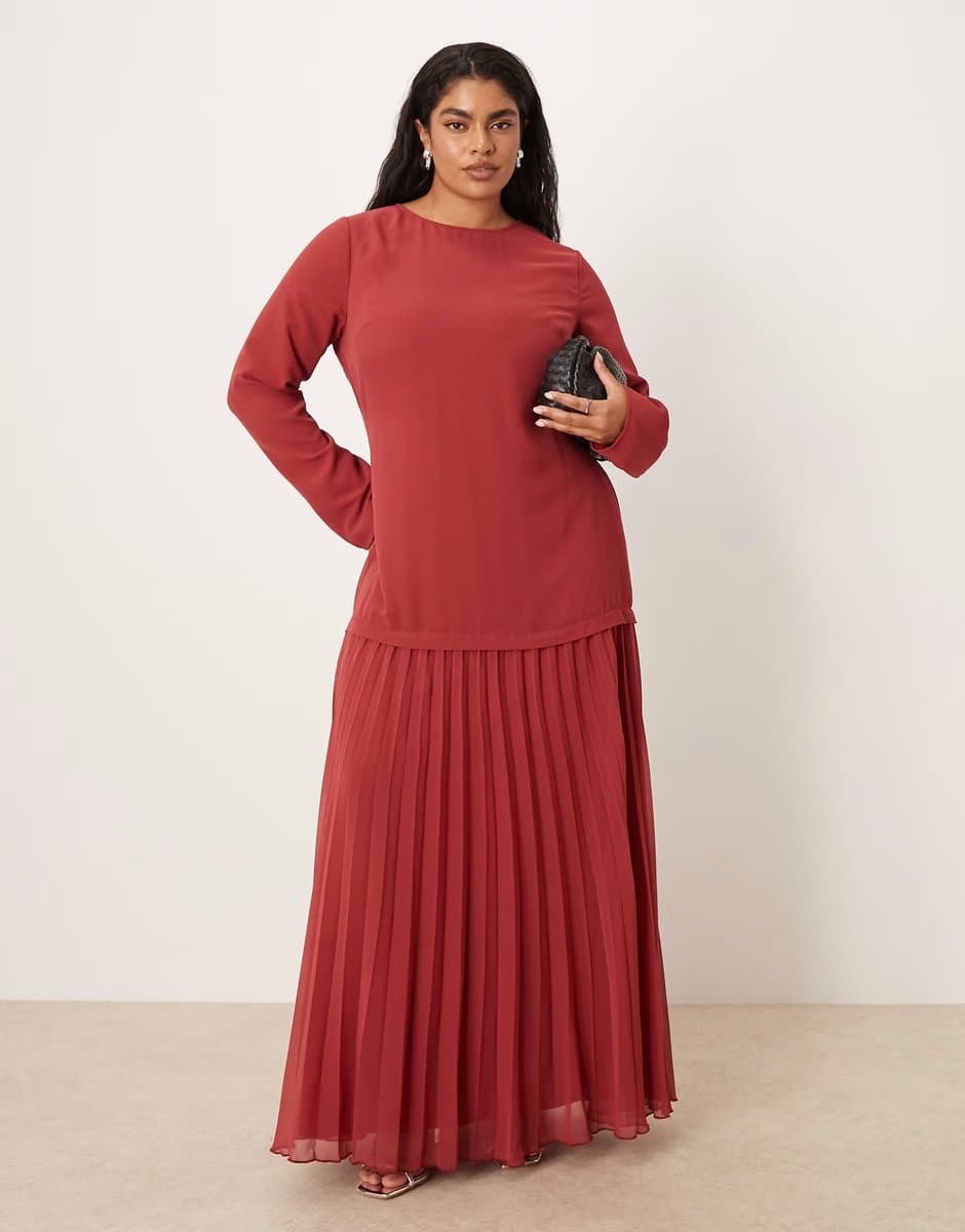 ASOS ASOS DESIGN Curve long sleeved pleated skirt maxi dress in deep red