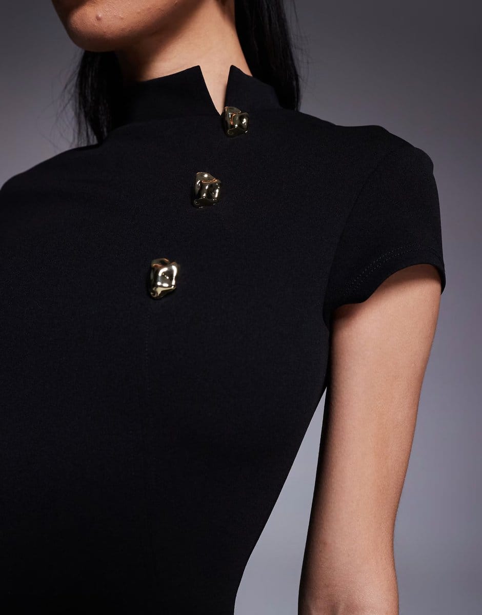 ASOS ASOS DESIGN high neck cap sleeve with button detail mini dress in black - 4