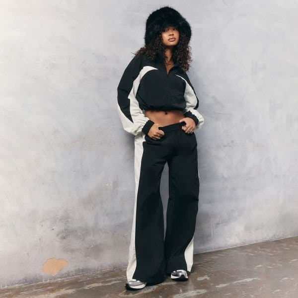 EGO Low Rise Contrast Panel Detail Track Pants In Black, Women's Size UK 4