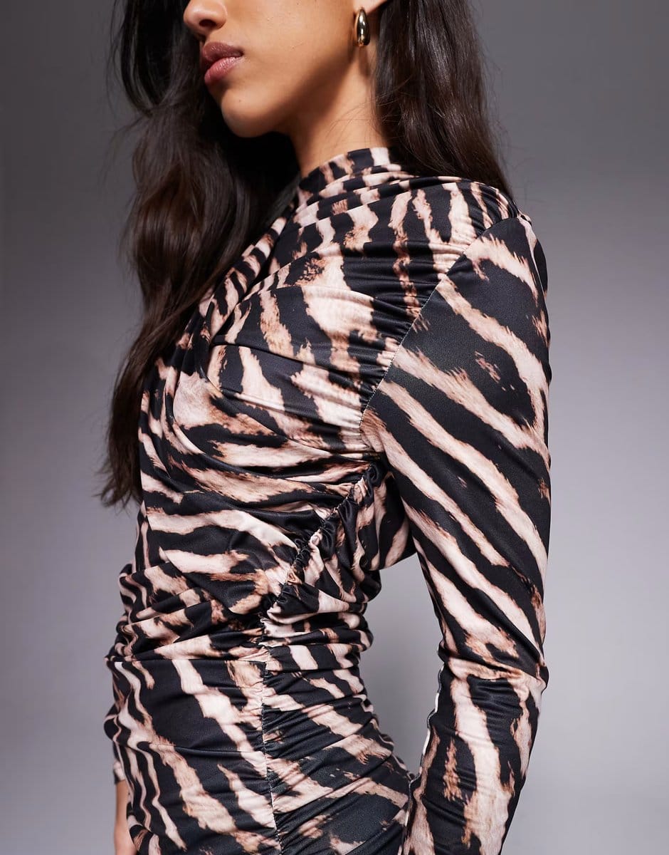 ASOS Ruched & Ready Miss Me sculpted cross over bust and skirt detail mini dress in leopard - 4