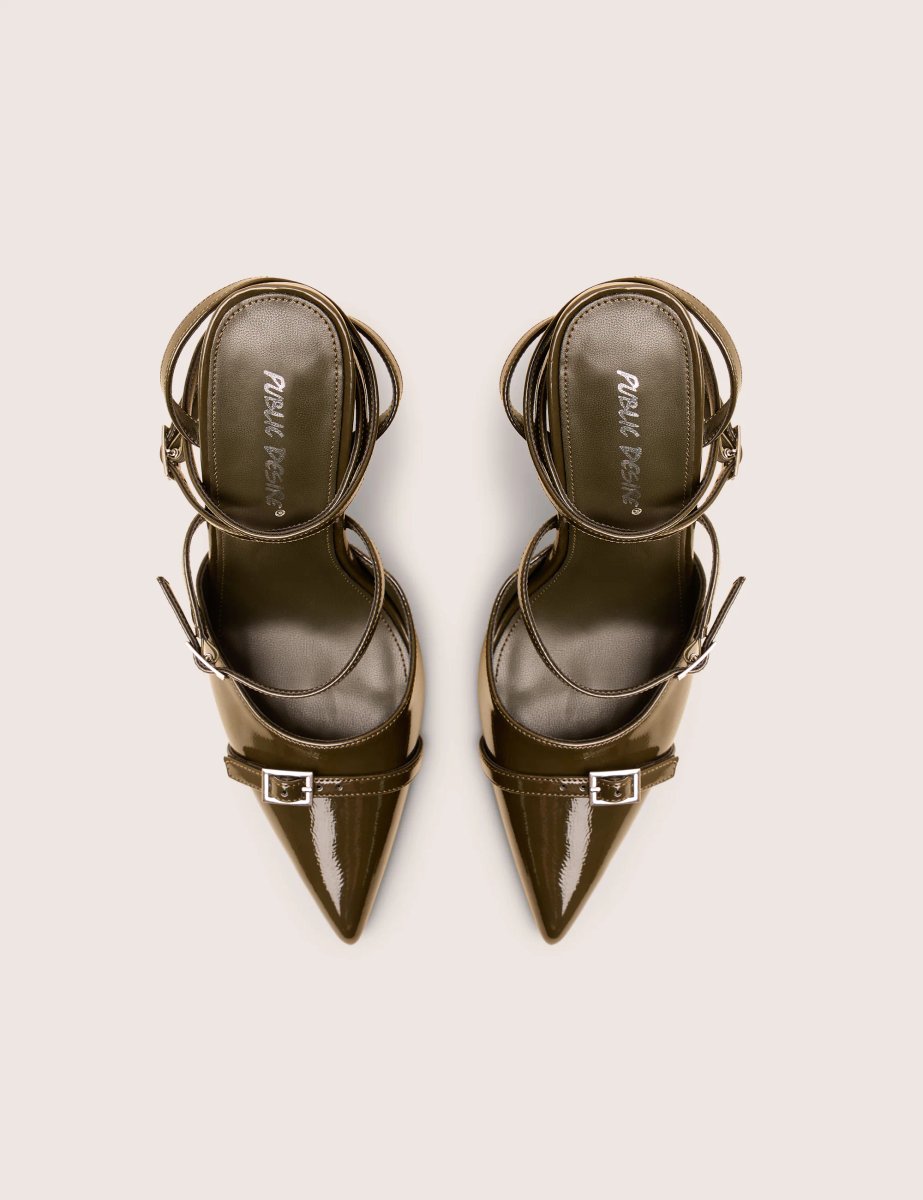 Public Desire Viper Green Patent Three Strap Buckle Detail Court Heels - 2