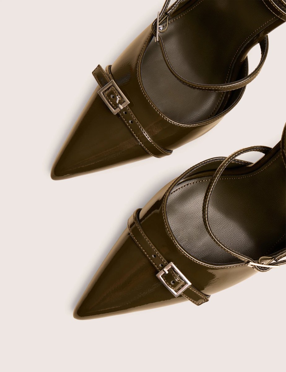 Public Desire Viper Green Patent Three Strap Buckle Detail Court Heels - 4