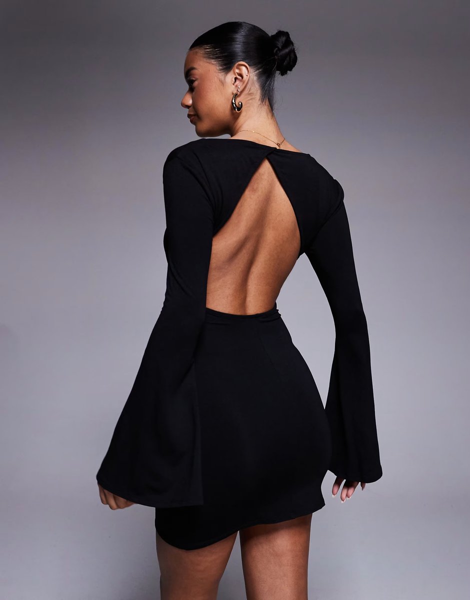 ASOS ASOS DESIGN angel sleeve scoop neck open back mini dress in black - 3