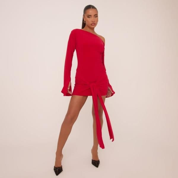 EGO Long Flared Sleeve Drape Detail Mini Bodycon Dress In Red Slinky, Women's Size UK 4 - 1