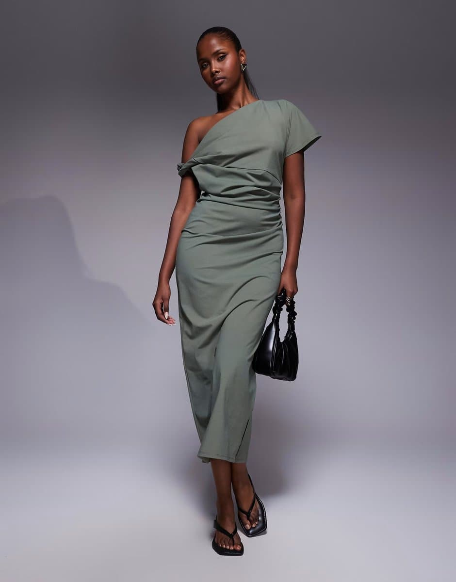 ASOS ASOS DESIGN twist shoulder detail midi dress in khaki