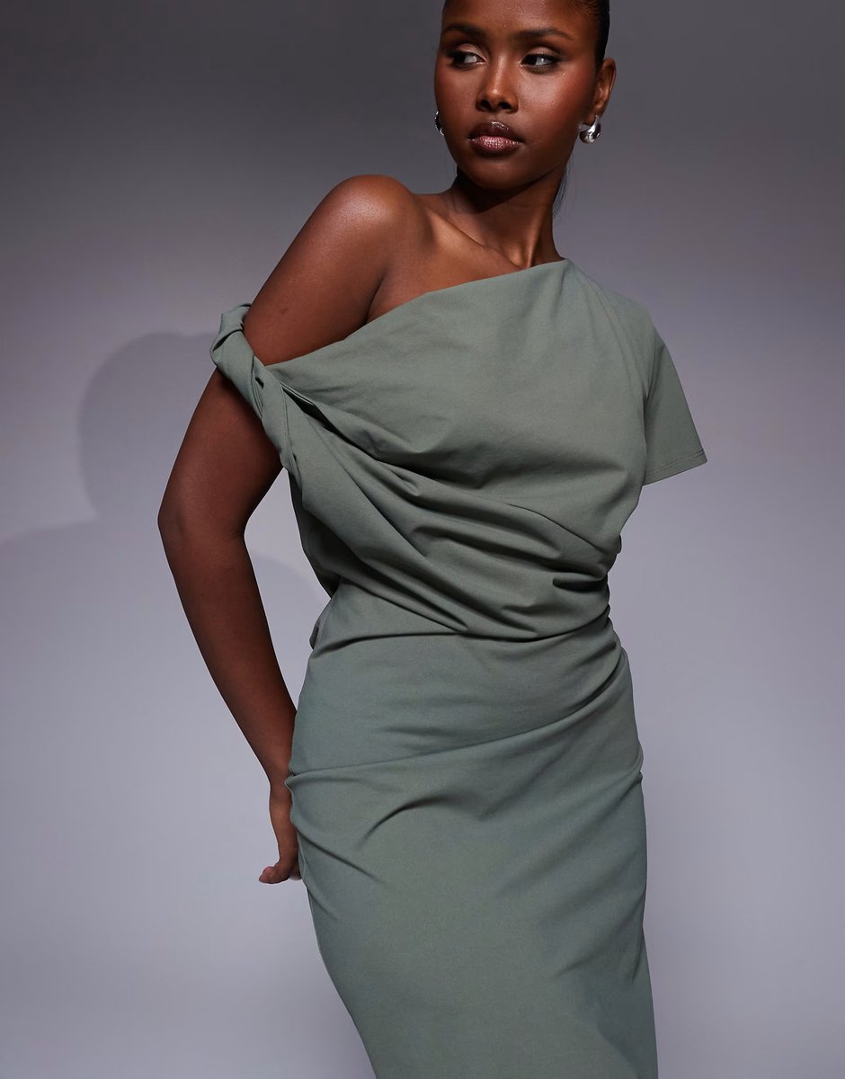 ASOS ASOS DESIGN twist shoulder detail midi dress in khaki - 4