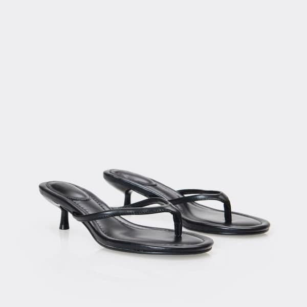 EGO Vinny Thong Strap Kitten Heel Mule In Black Faux Leather, Women's Size UK 3