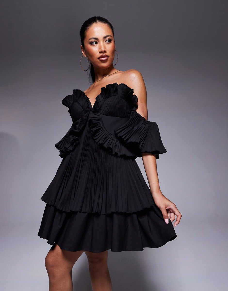 ASOS ASOS LUXE cotton poplin pleated bandeau mini skater dress in black