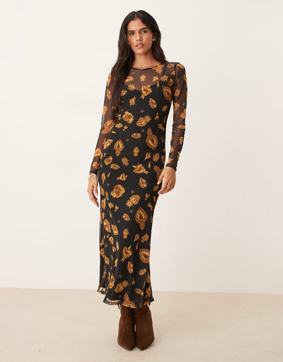 ASOS Never Fully Dressed long sleeve mesh maxi dress in black and gold