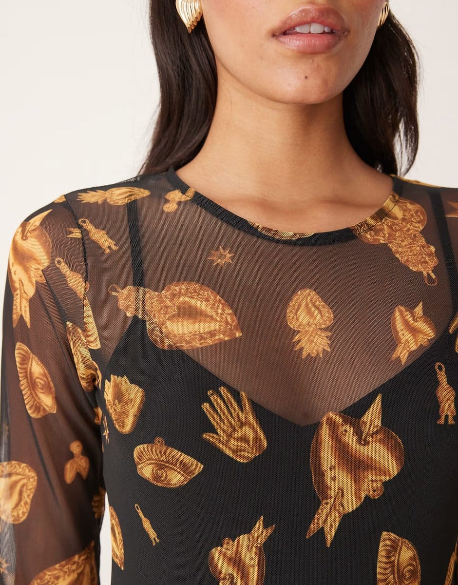 ASOS Never Fully Dressed long sleeve mesh maxi dress in black and gold - 4