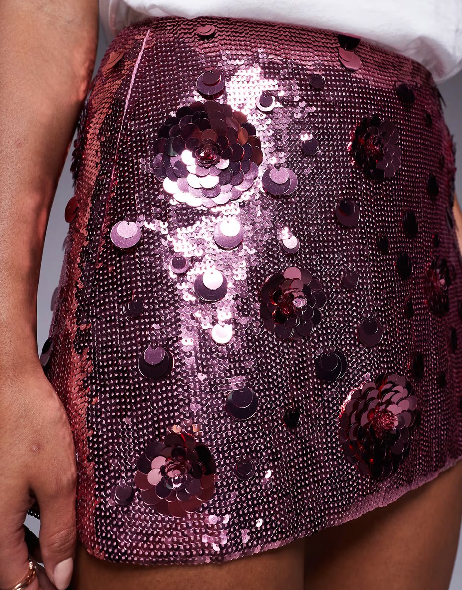 ASOS Oh Polly flower sequin A-line mini skirt in pink - 4