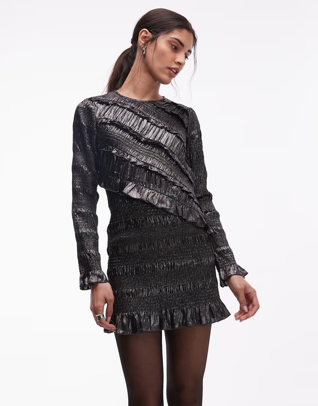 ASOS Allsaints carli ruffle mini dress in metallic grey - 3