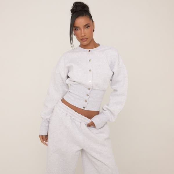 EGO Long Sleeve Popper Detail Cinched Waist Sweatshirt In Grey, Women's Size UK 4