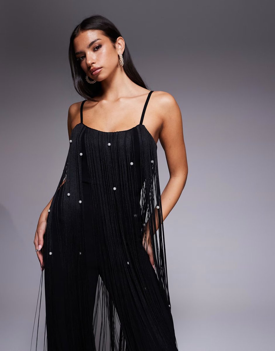 ASOS ASOS LUXE pearl embellished fringing jumpsuit in black - 3