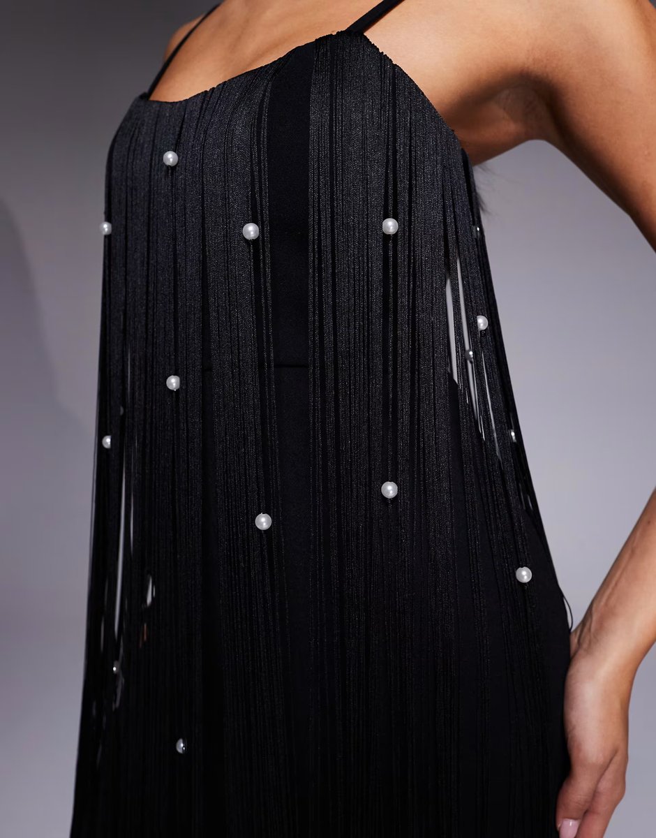 ASOS ASOS LUXE pearl embellished fringing jumpsuit in black - 4