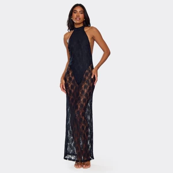 EGO Halterneck Bodysuit Lining Scooped Back Detail Maxi Dress In Black Floral Lace, Women's Size UK 8