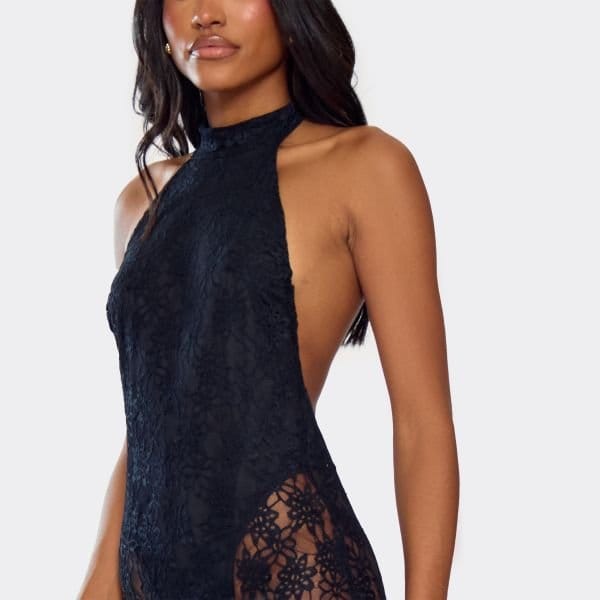 EGO Halterneck Bodysuit Lining Scooped Back Detail Maxi Dress In Black Floral Lace, Women's Size UK 8 - 2