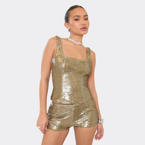 EGO Square Neck Top In Gold Matt Sequin, Women's Size UK 6 - 2