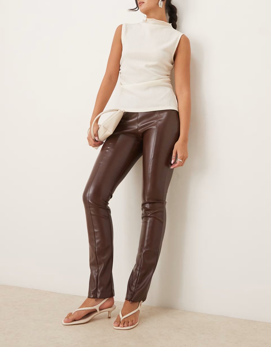 ASOS ASOS DESIGN skinny trousers in faux leather in fudge  - 3