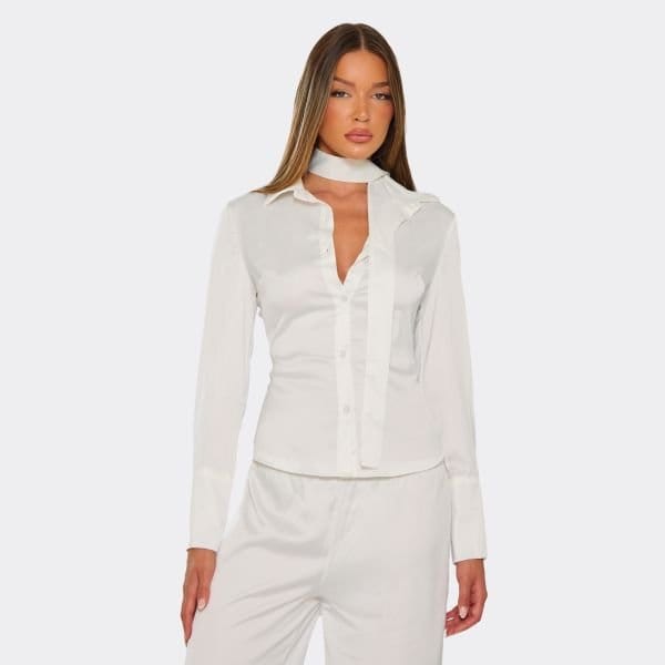EGO Scarf Detail Cinched Waist Seam Detail Shirt In Cream, Women's Size UK 4 - 1