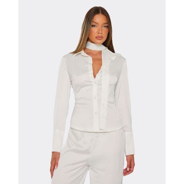 EGO Scarf Detail Cinched Waist Seam Detail Shirt In Cream, Women's Size UK 4 - 2