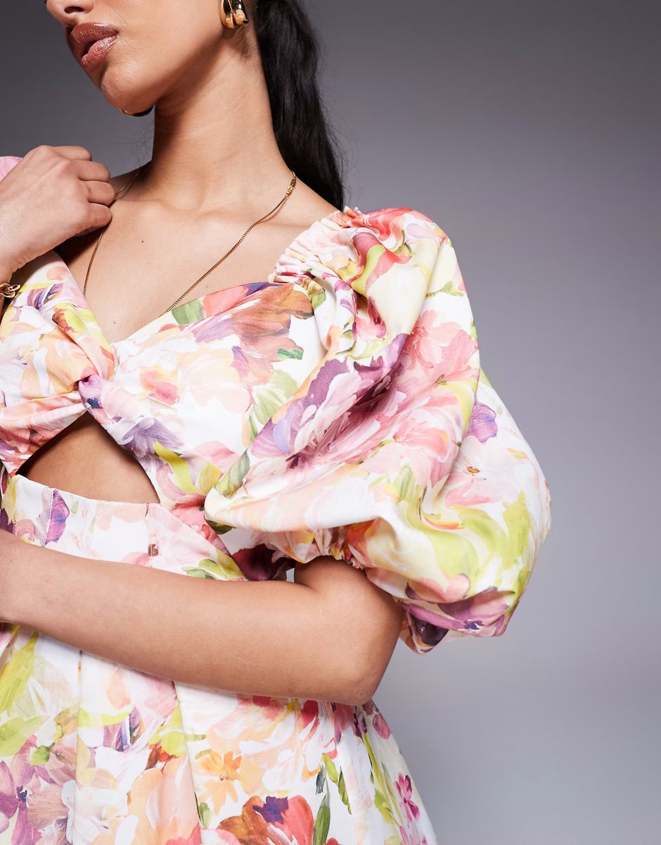 ASOS ASOS LUXE printed twisted front puff sleeve skater in floral - 3