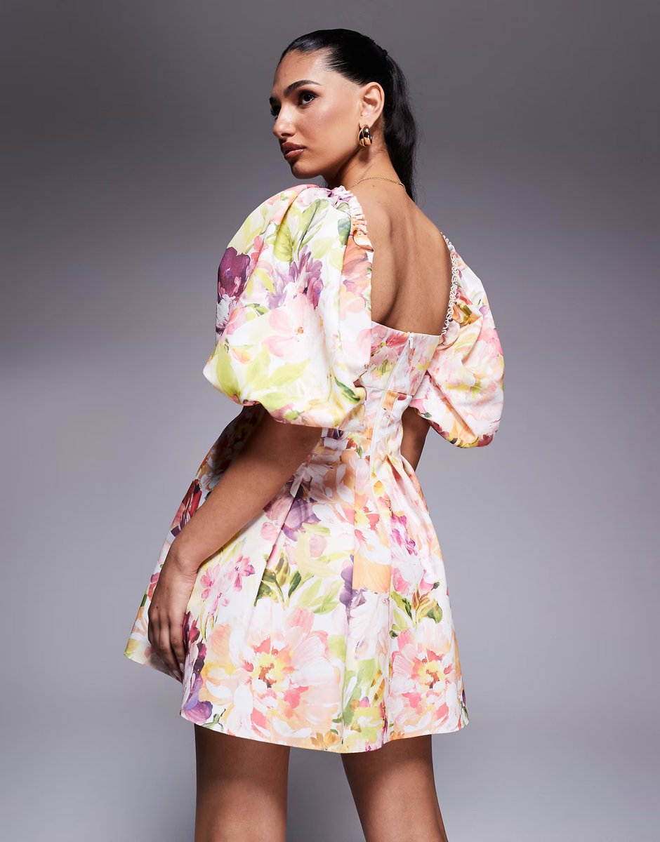 ASOS ASOS LUXE printed twisted front puff sleeve skater in floral - 4