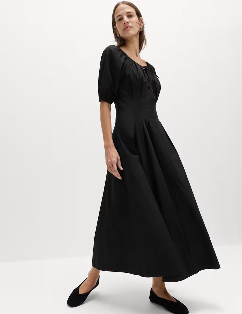 Marks & Spencer M&S Pure Cotton Pleated Midi Waisted Tea Dress Black