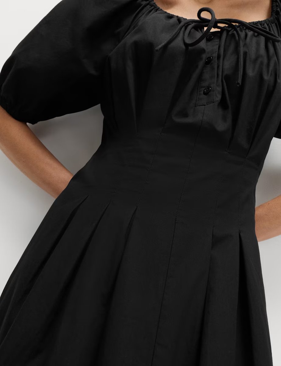 Marks & Spencer M&S Pure Cotton Pleated Midi Waisted Tea Dress Black - 2