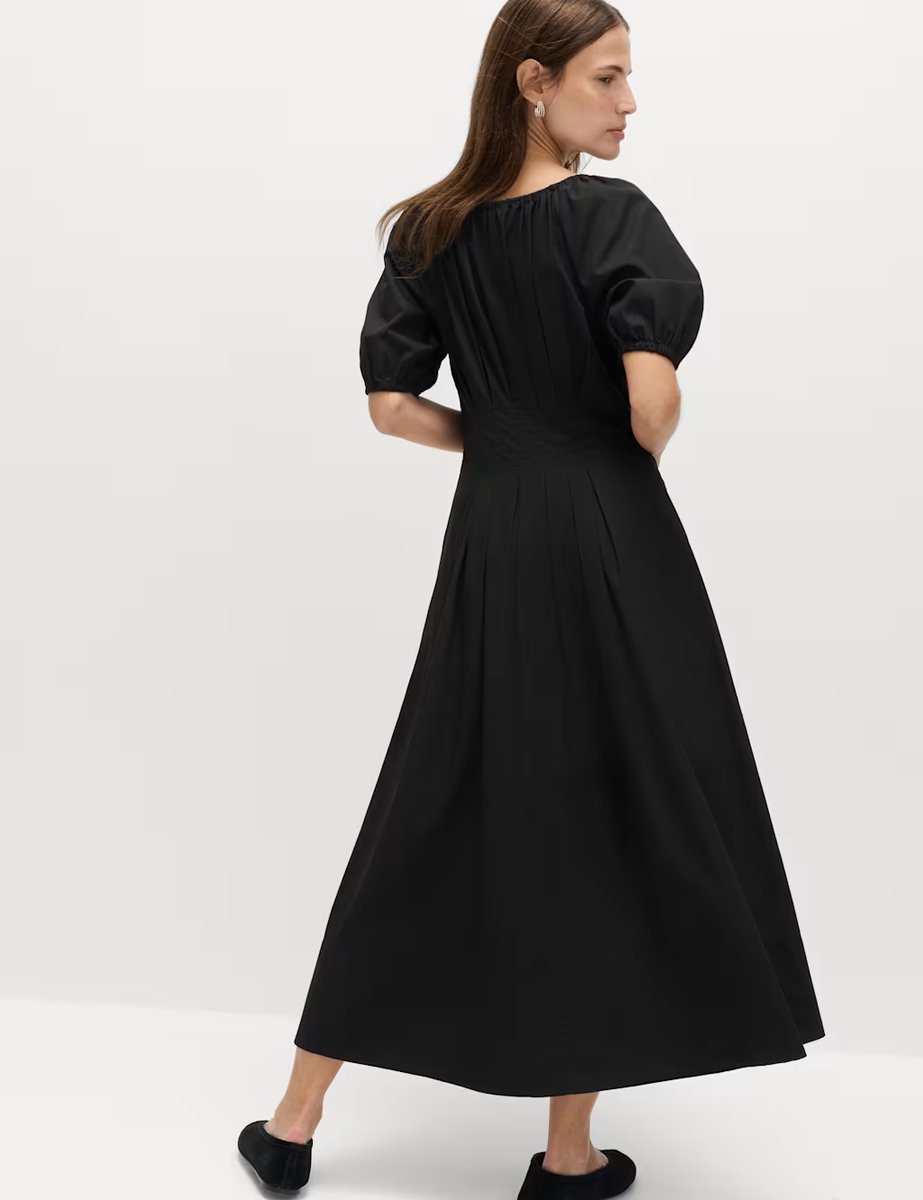 Marks & Spencer M&S Pure Cotton Pleated Midi Waisted Tea Dress Black - 3