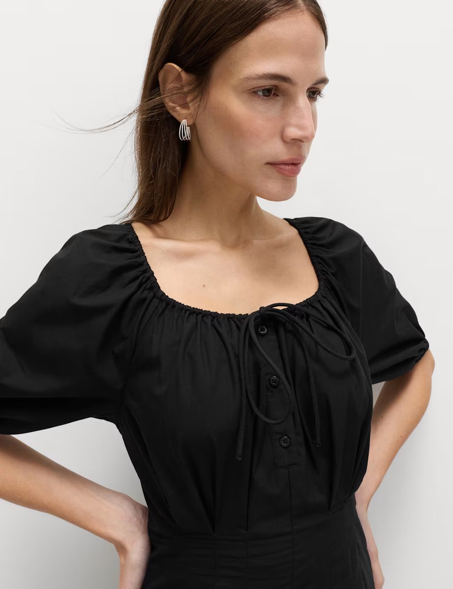 Marks & Spencer M&S Pure Cotton Pleated Midi Waisted Tea Dress Black - 4