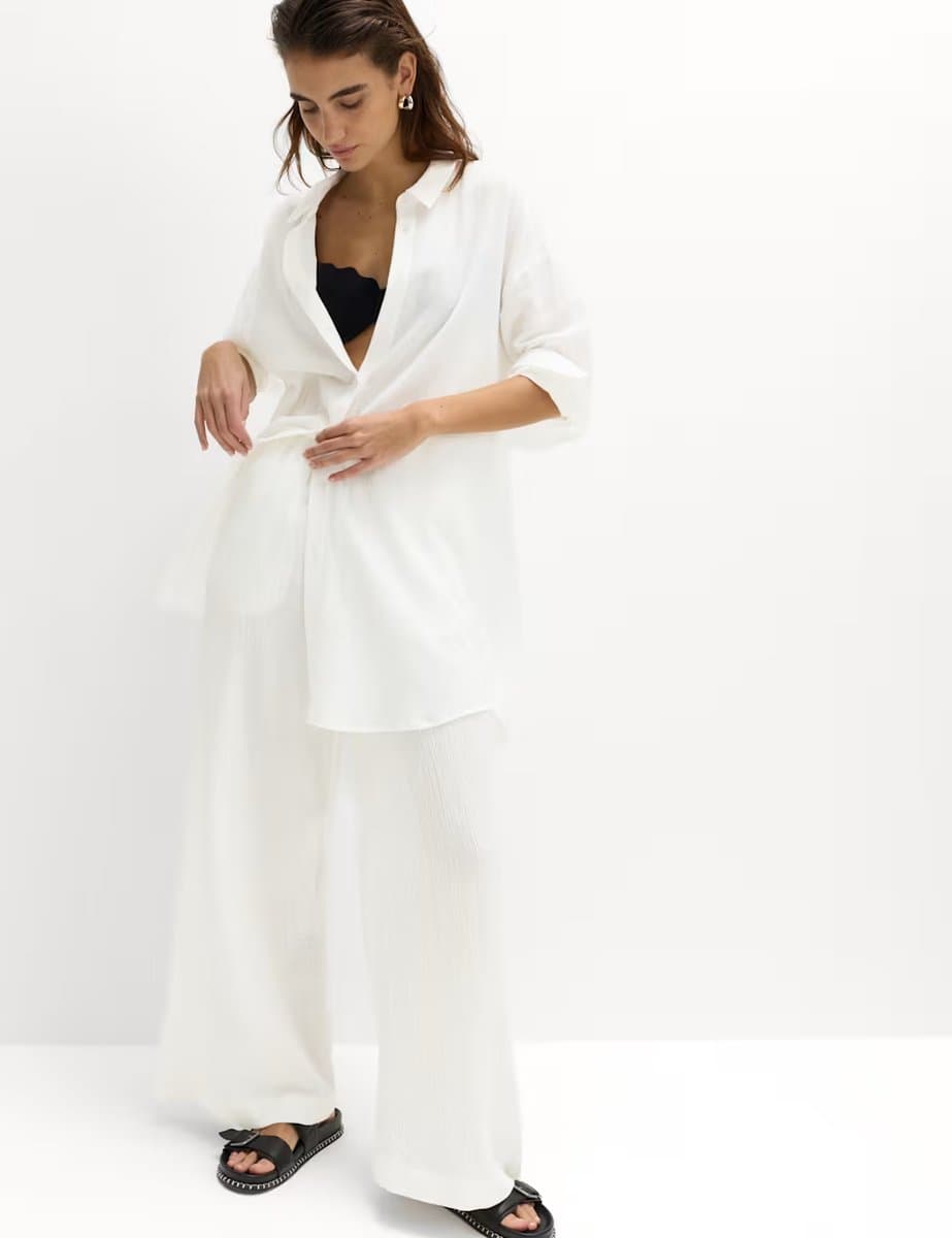 Marks & Spencer M&S Textured Shirt with Linen Soft White