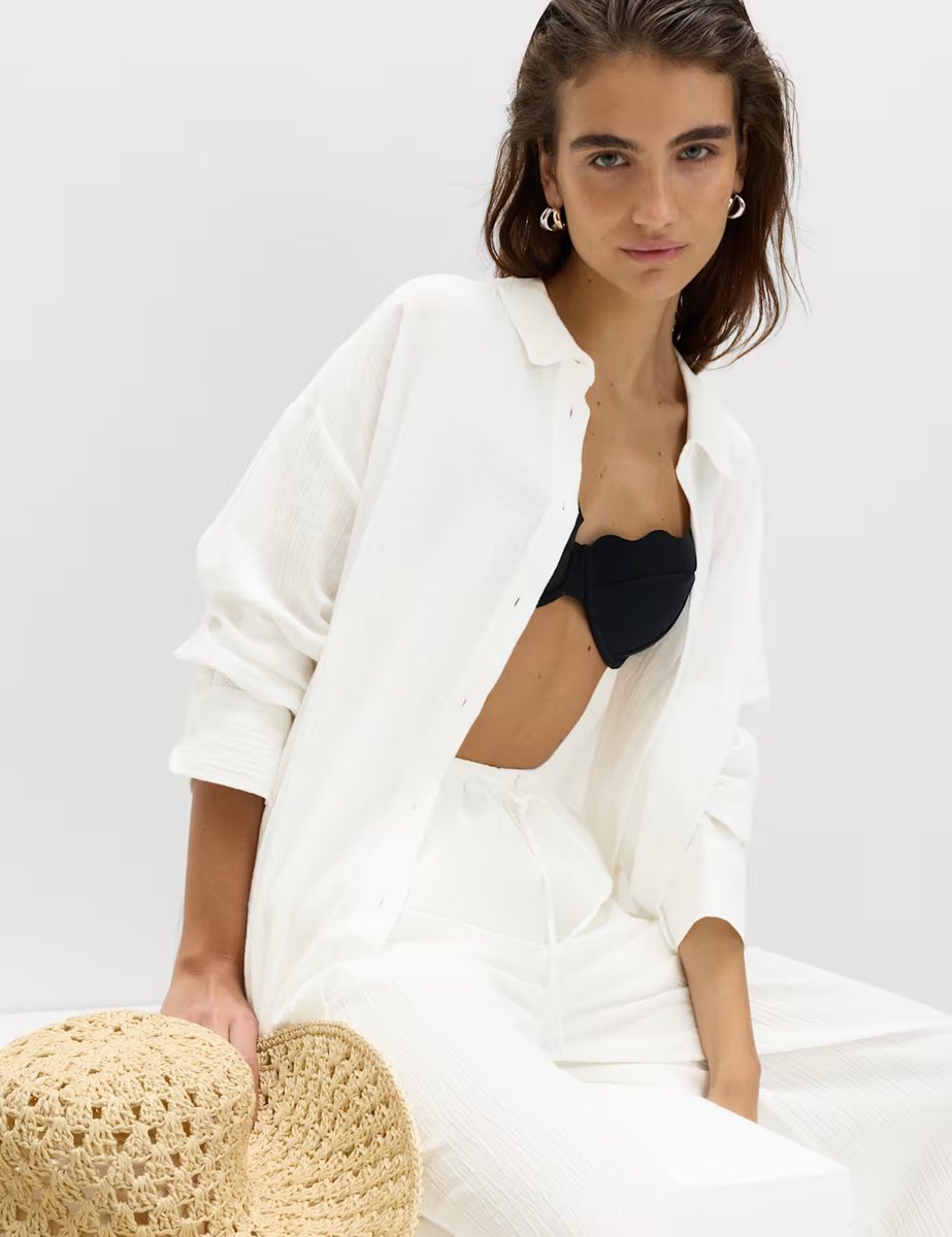 Marks & Spencer M&S Cotton Rich Textured Shirt with Linen Soft White - 4