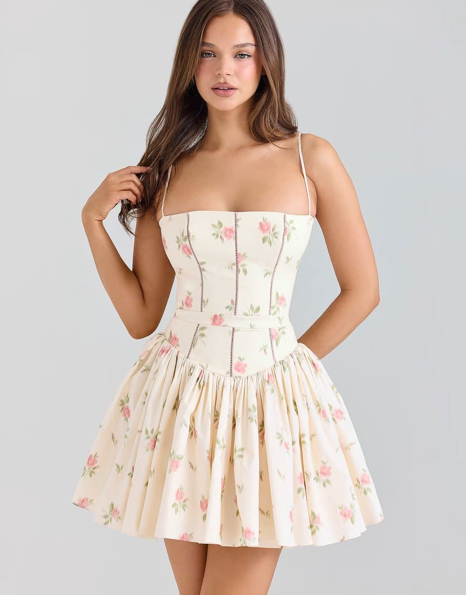 ASOS House of CB Ysabella cream rose print stretch cotton mini sundress in cream rose