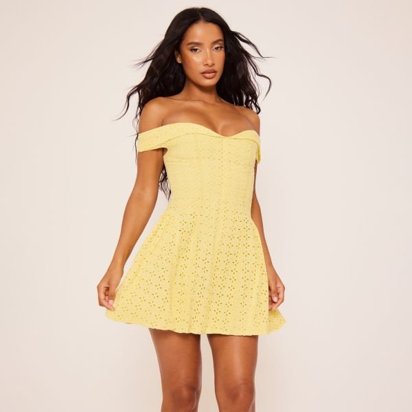 EGO Off The Shoulder Skater Mini Dress In Yellow Broderie, Women's Size UK 6 - 1