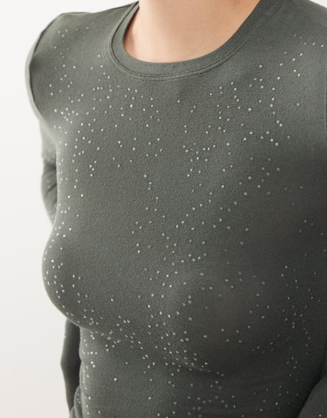 ASOS Weekday long sleeve top with rhinestone detail in dark khaki - 3