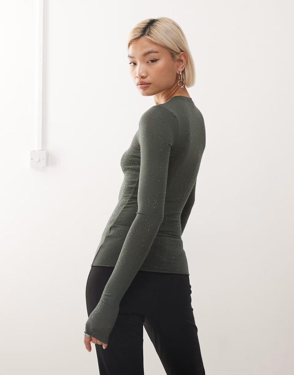 ASOS Weekday long sleeve top with rhinestone detail in dark khaki - 4