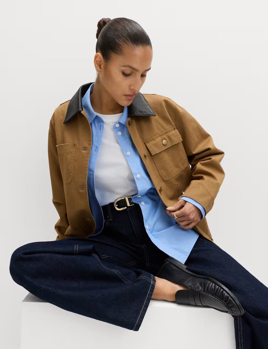 Marks & Spencer M&S Pure Cotton Faux Leather Collared Barn Jacket Caramel