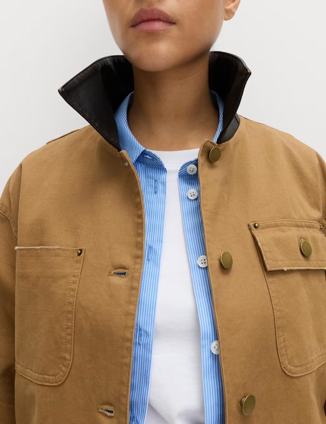 Marks & Spencer M&S Pure Cotton Faux Leather Collared Barn Jacket Caramel - 2