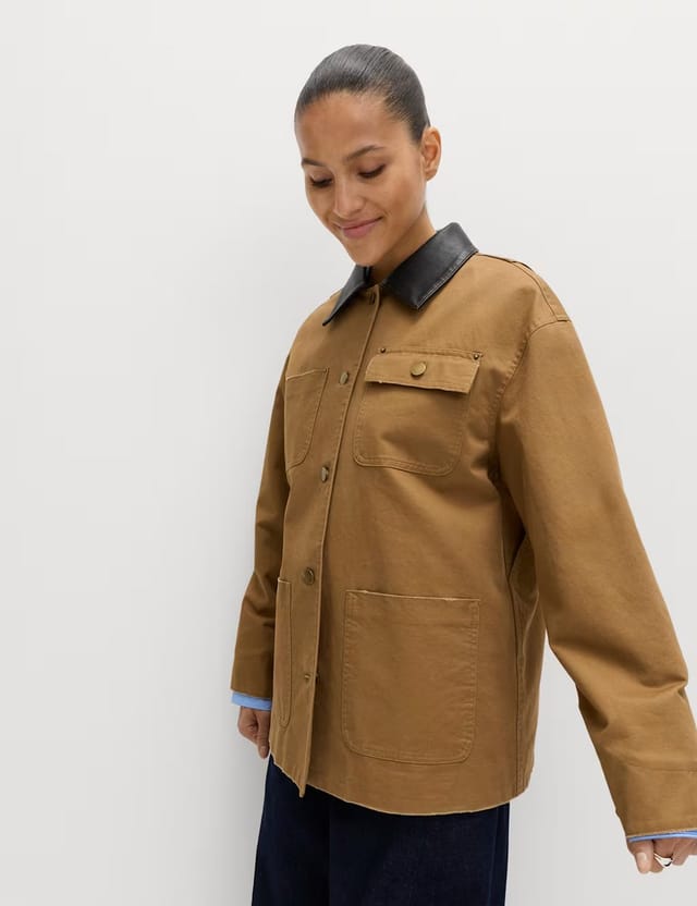 Marks & Spencer M&S Pure Cotton Faux Leather Collared Barn Jacket Caramel - 3