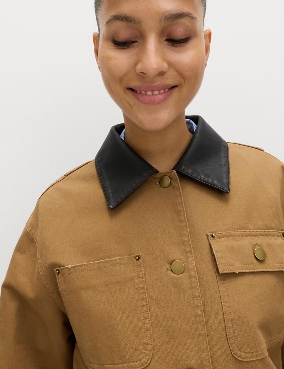 Marks & Spencer M&S Pure Cotton Faux Leather Collared Barn Jacket Caramel - 4