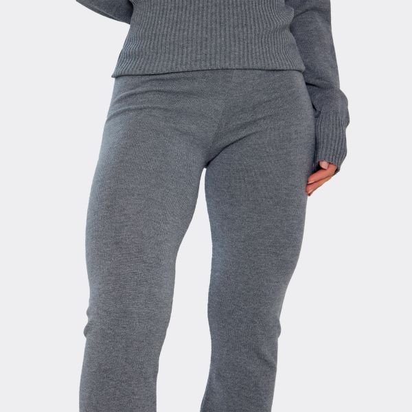 EGO Mid Rise Wide Leg Trousers In Grey Knit, Women's Size UK Large L - 2