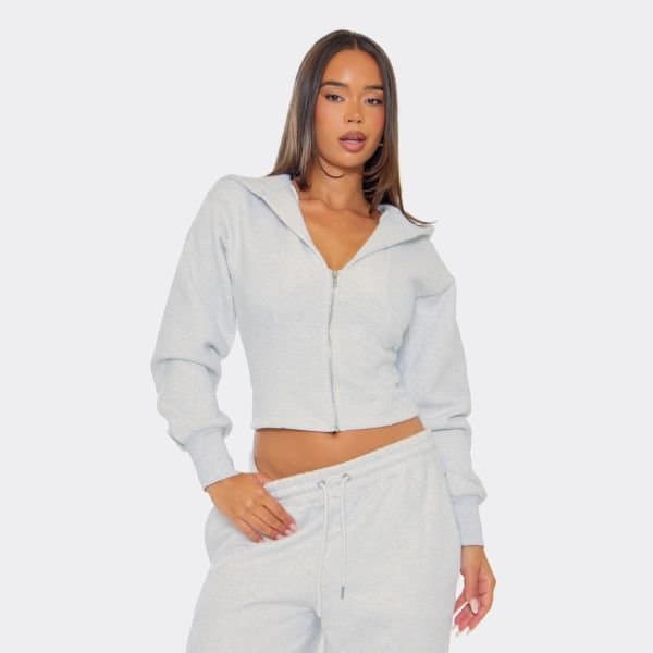 EGO Long Sleeve Cinched Waist Zip Up Hoodie In Light Grey Marl, Women's Size UK 4