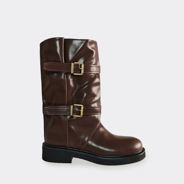 EGO Rulez Double Buckle Mid Calf Biker Boot In Brown Faux Leather, Women's Size UK 3