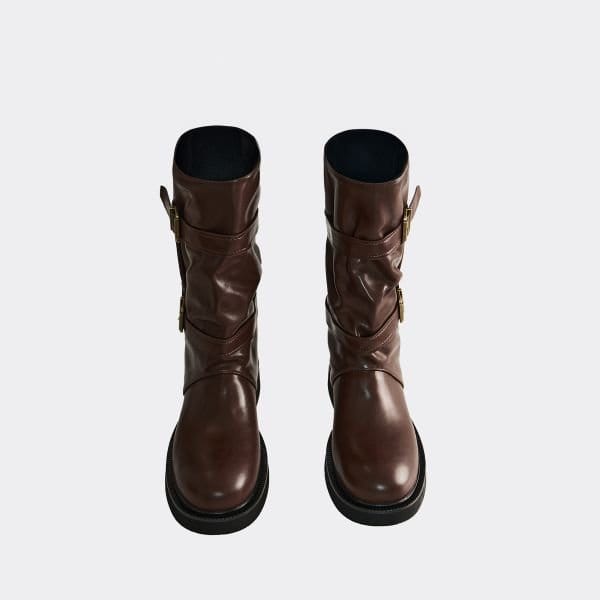 EGO Rulez Double Buckle Mid Calf Biker Boot In Brown Faux Leather, Women's Size UK 3 - 2