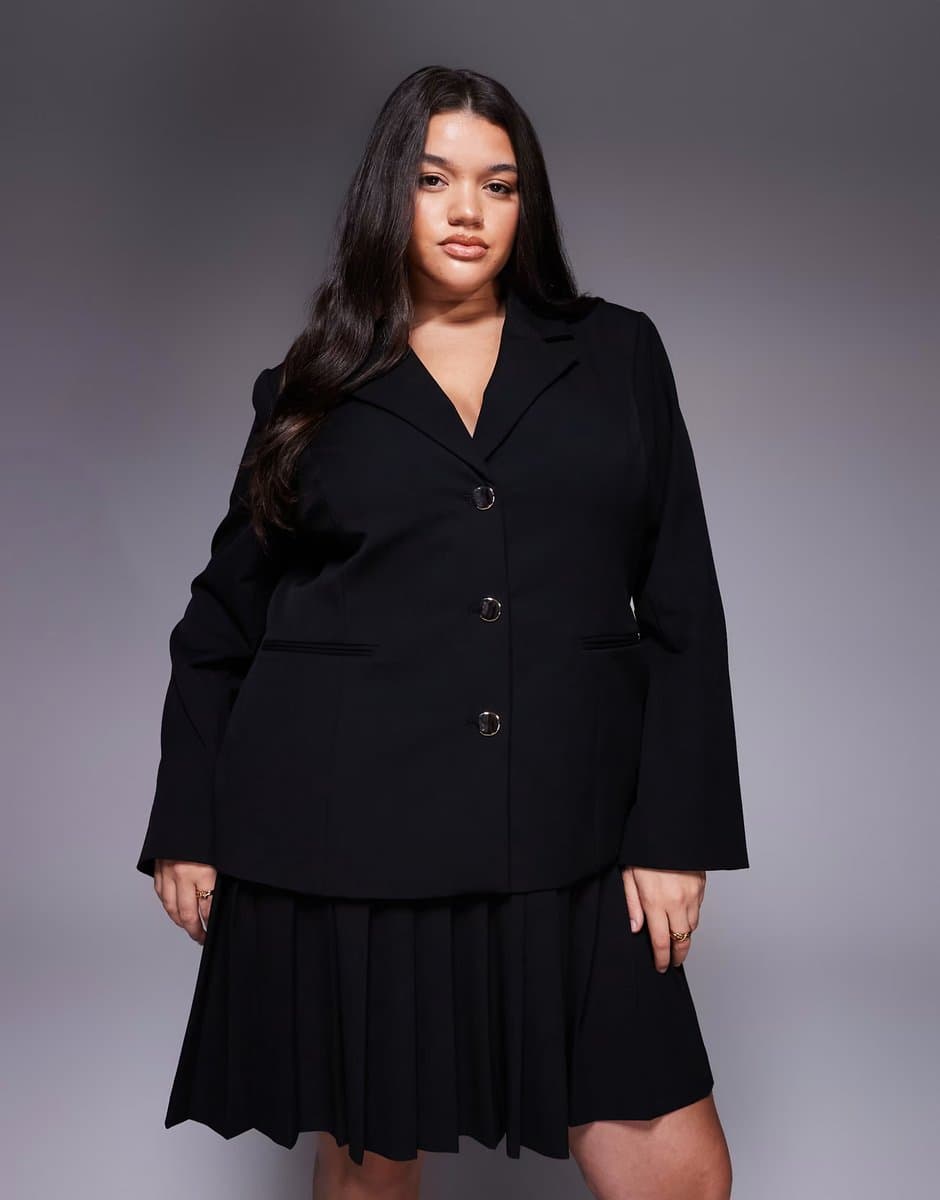 ASOS Forever New Curve Lenora tailored 2 in 1 blazer and pleated skirt mini dress in black