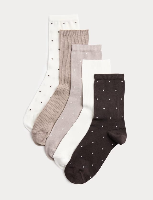 Marks & Spencer M&S 5 Pack Supersoft Spot Crew Socks Chocolate Mix - 2